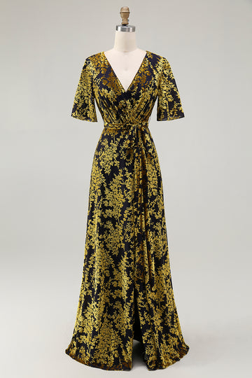 Burnout Velvet Golden Purple V-Neck Long Mother of Bride Dress with Sash